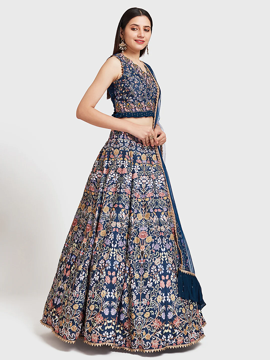 Neerus Navy Blue Color Silk Fabric Ghagra Set - Image 2