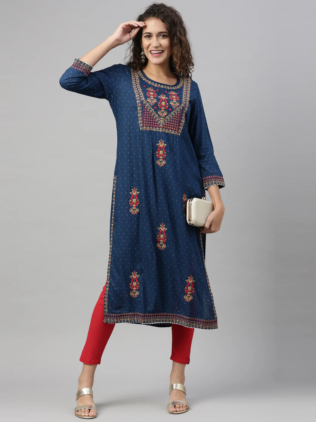 Neerus Navy Blue Color Slub Rayon Fabric Kurta - Image 4