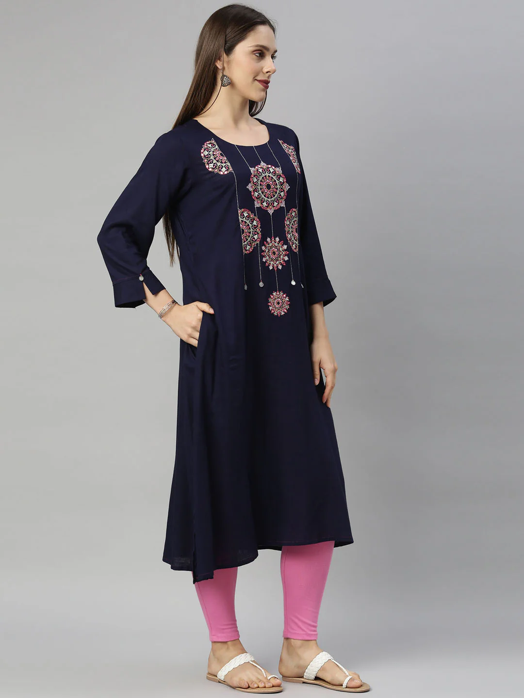 Neerus Navy Blue Color Slub Riyon Fabric Tunic - Image 5
