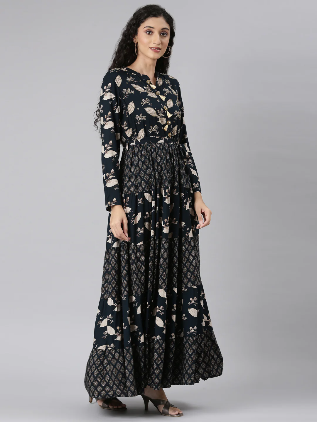 Neerus Navy Blue Curved Casual Floral Maxi Dresses - Image 3