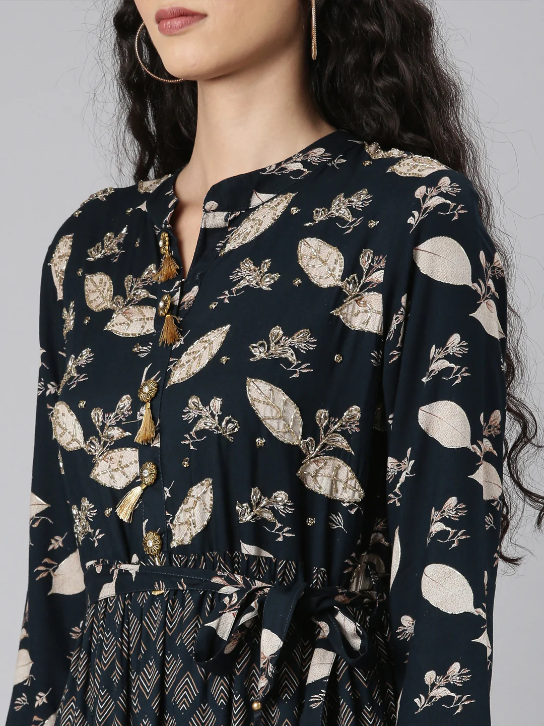 Neerus Navy Blue Curved Casual Floral Maxi Dresses - Image 5