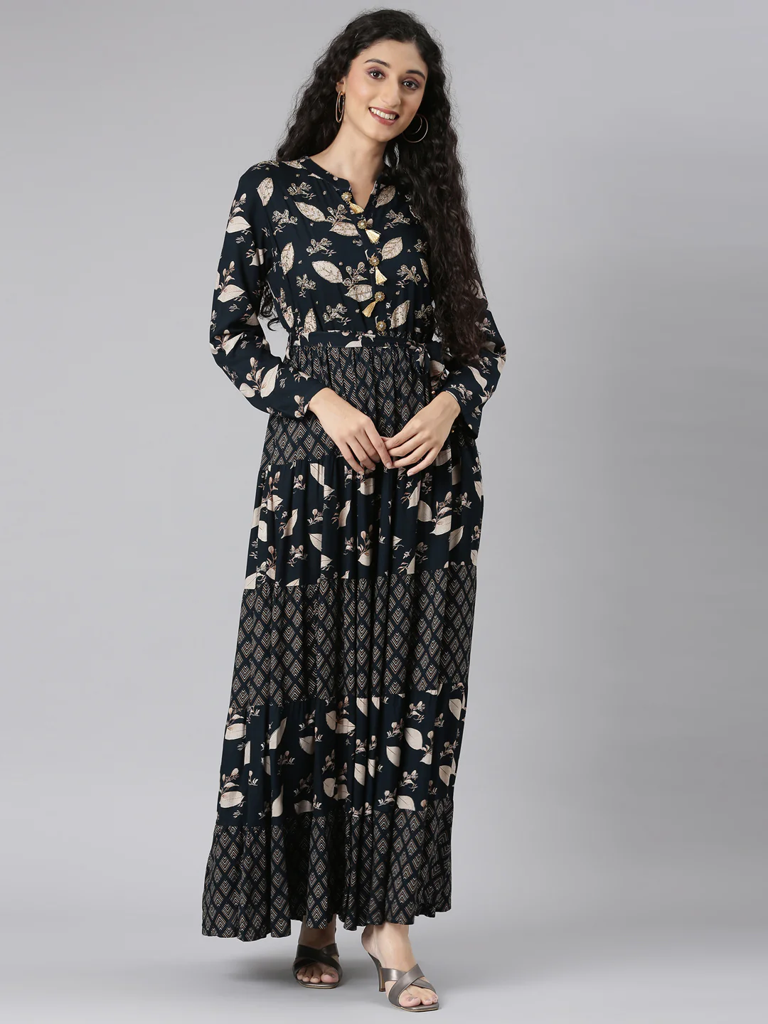 Neerus Navy Blue Curved Casual Floral Maxi Dresses - Image 6