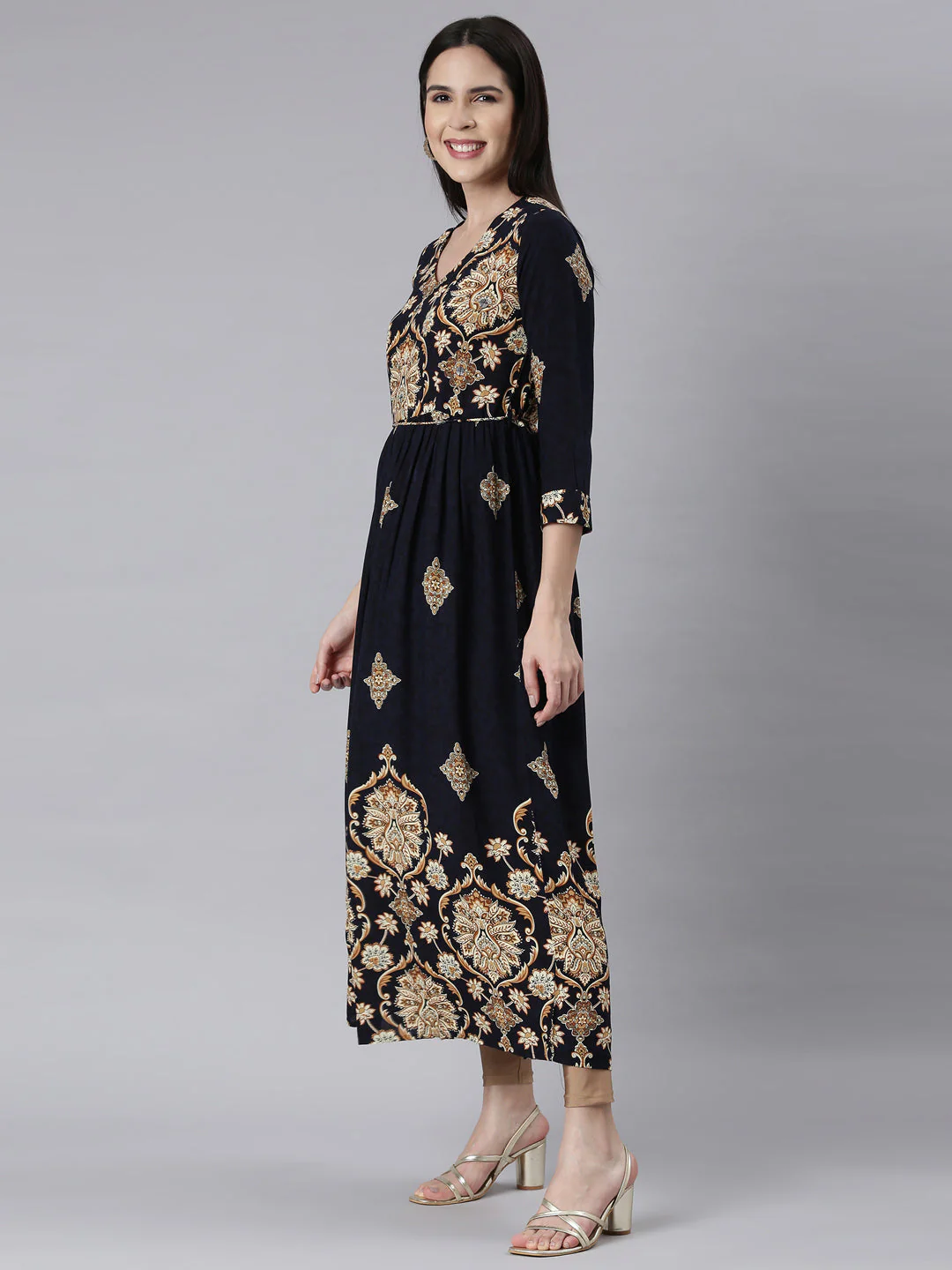 Neerus Navy Blue Curved Casual Floral Maxi Dresses - Image 2