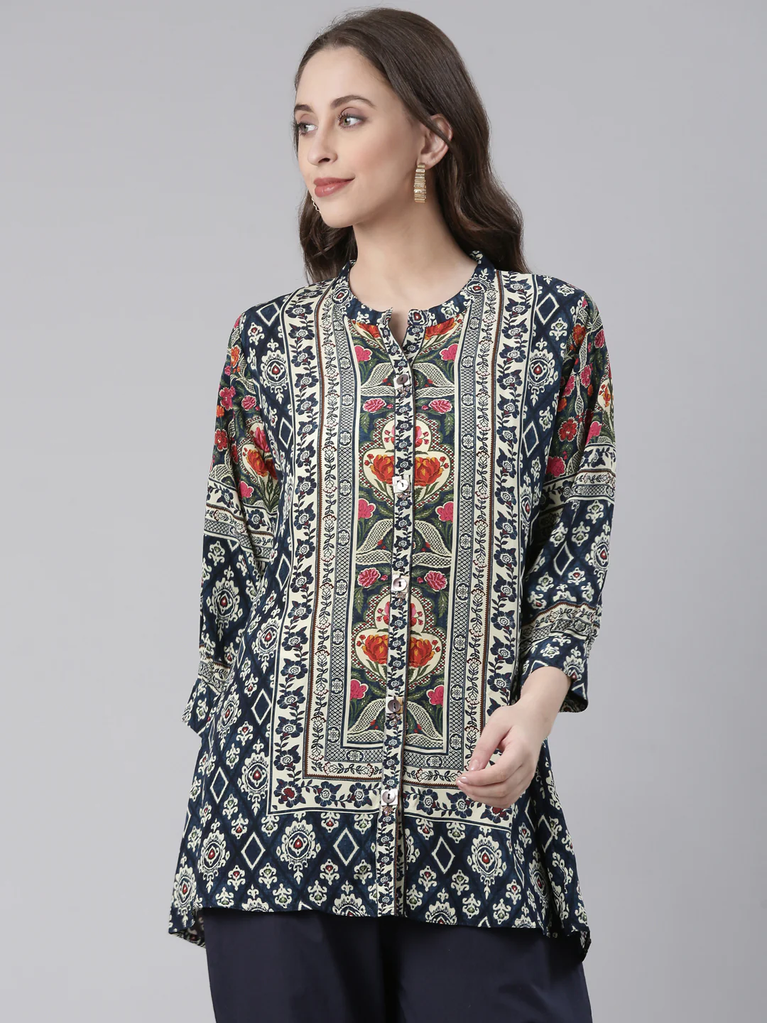 Neerus Navy Blue Curved Floral Casual Kurti - Image 5