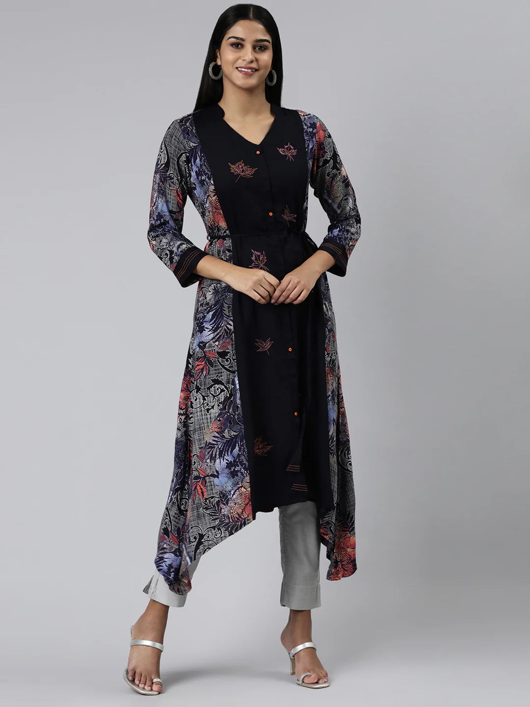 Neerus Navy Blue Curved Printed Viscose Rayon Kurta