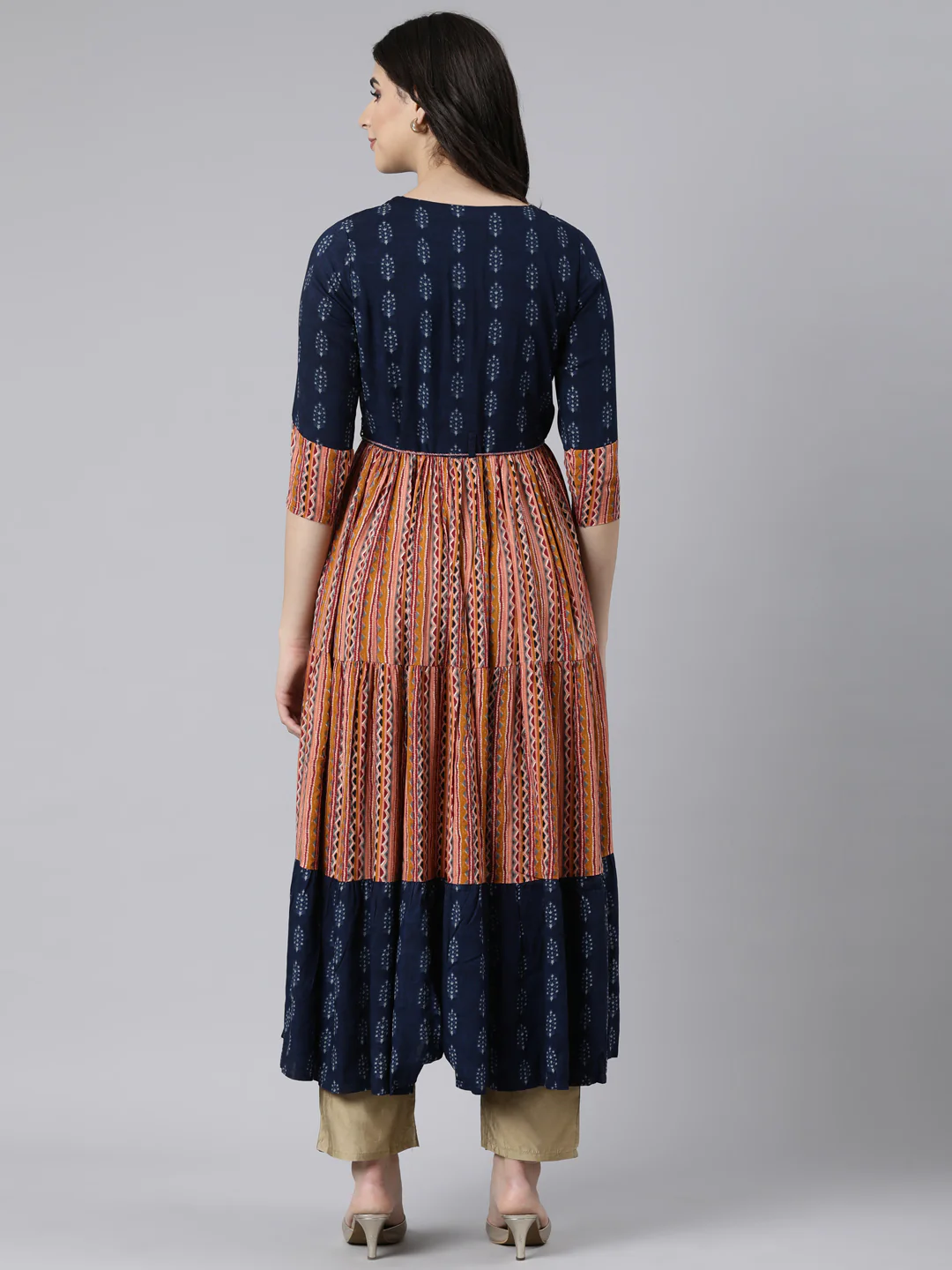 Neerus Navy Blue Flared Casual Chevron Maxi Dresses - Image 3