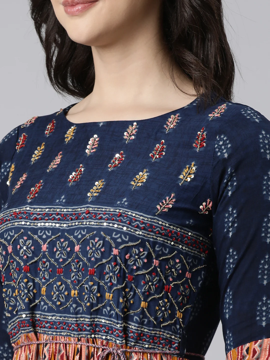 Neerus Navy Blue Flared Casual Chevron Maxi Dresses - Image 4