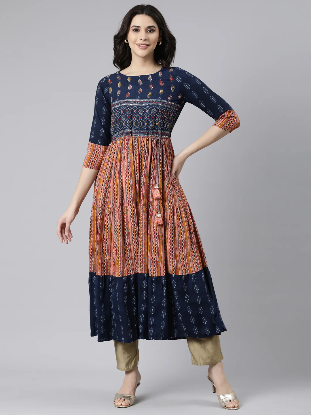 Neerus Navy Blue Flared Casual Chevron Maxi Dresses - Image 5