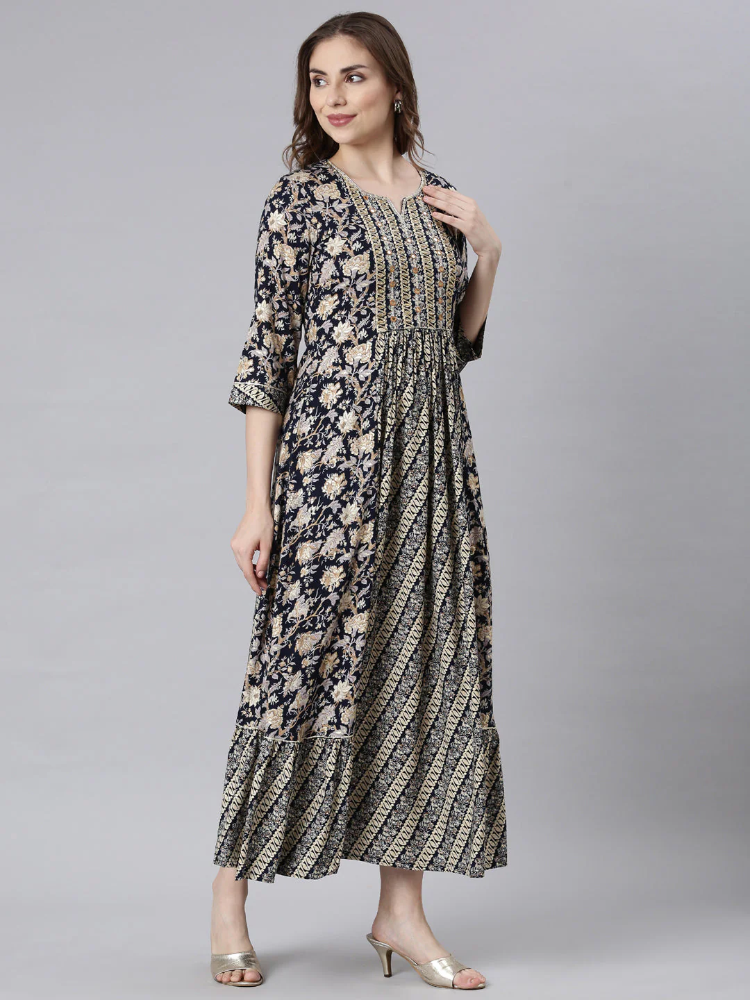 Neerus Navy Blue Flared Casual Ethnic Motifs Maxi Dresses - Image 3