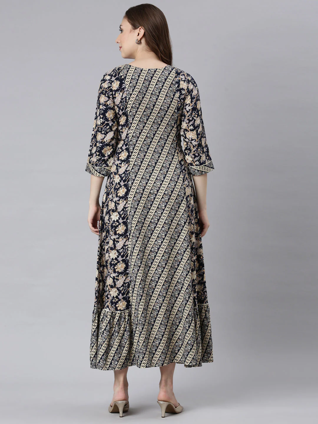 Neerus Navy Blue Flared Casual Ethnic Motifs Maxi Dresses - Image 4