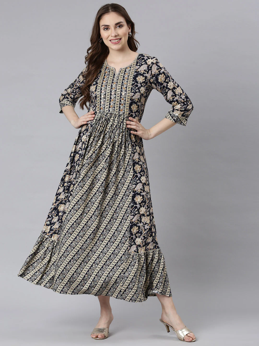 Neerus Navy Blue Flared Casual Ethnic Motifs Maxi Dresses - Image 5
