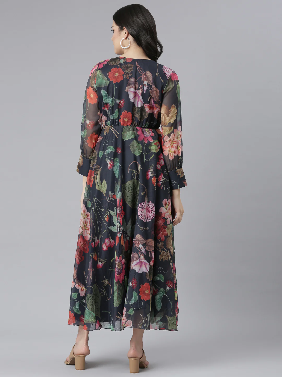 Neerus Navy Blue Flared Casual Floral Dresses - Image 3