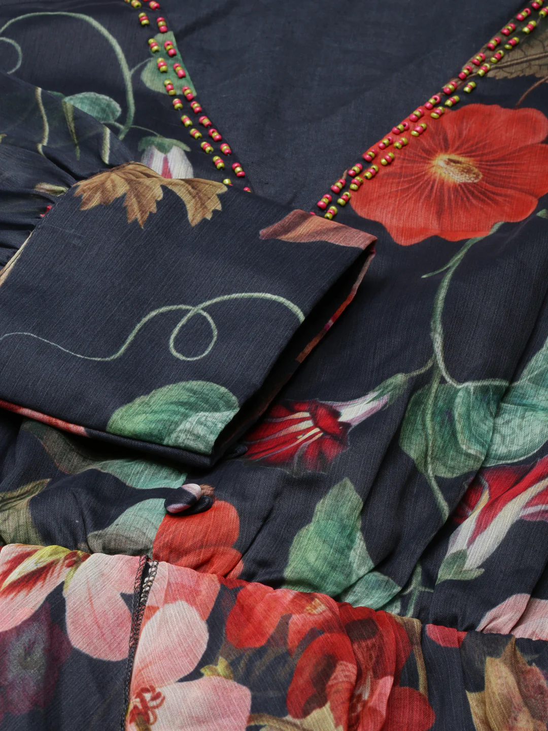 Neerus Navy Blue Flared Casual Floral Dresses - Image 4