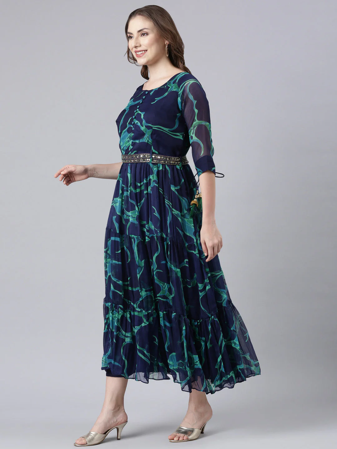 Neerus Navy Blue Flared Casual Tie And Dye Maxi Dresses - Image 2