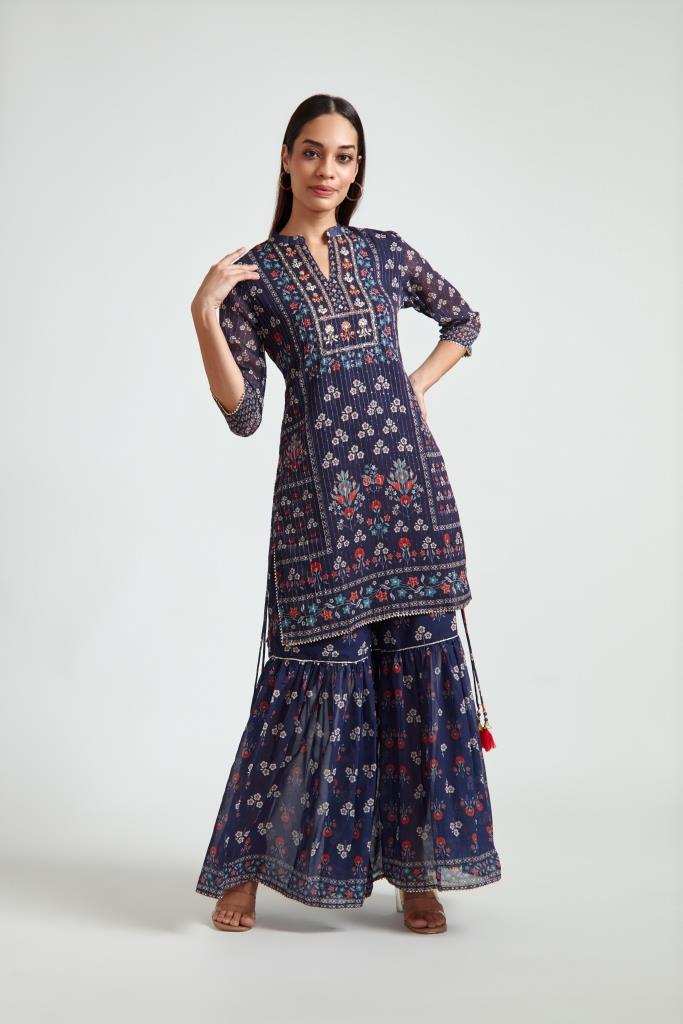 Neerus Navy Blue Georgett Fabric Kurta Sharara With Dupatta