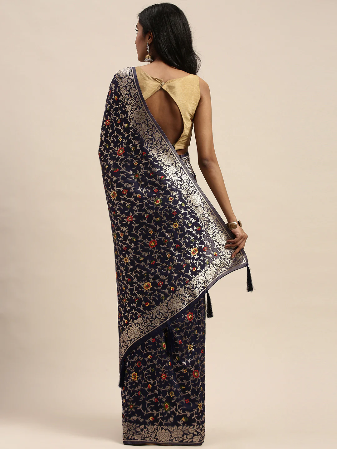 Neerus Navy Blue Gold-Toned Silk Cotton Woven Design Saree - Image 2