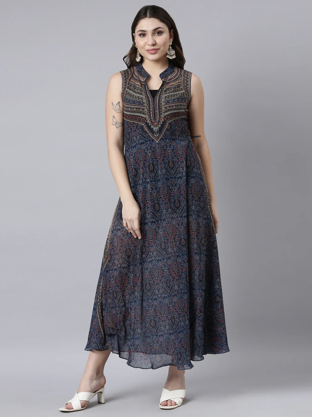 Neerus Navy Blue High-Low Casual Floral A-Line Dresses