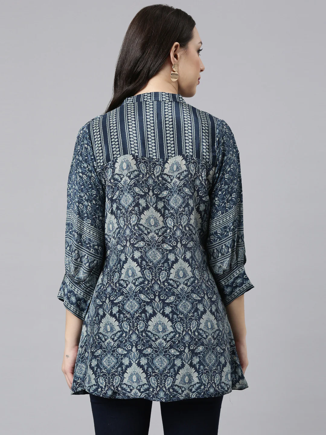 Neerus Navy Blue High-Low Casual Printed Straight Kurtis - Image 3