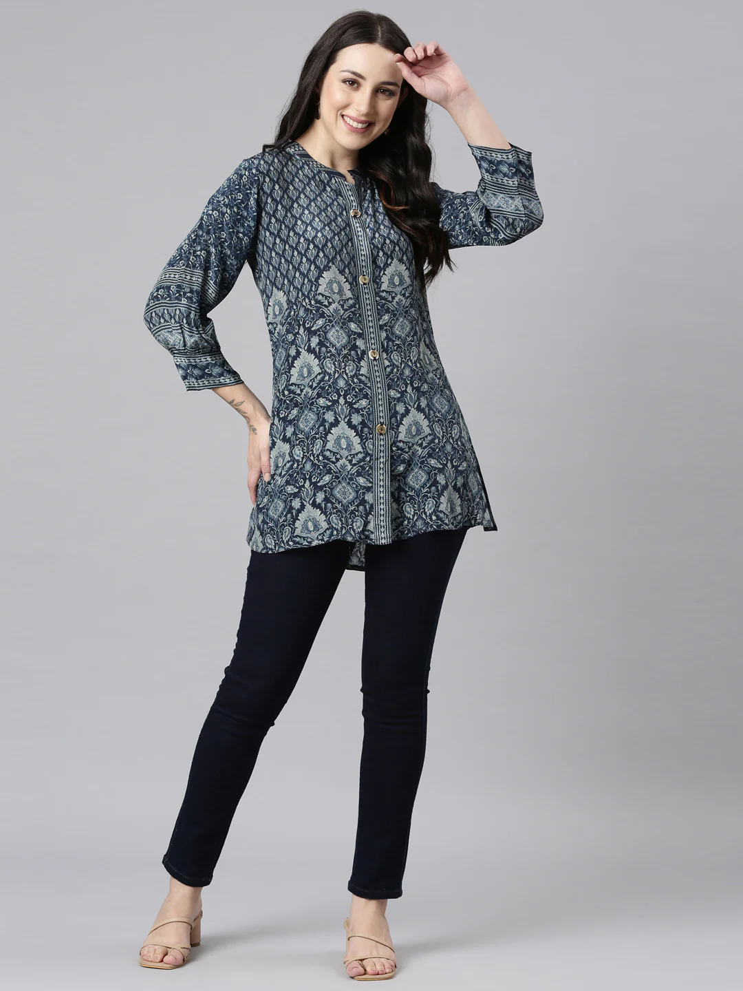 Neerus Navy Blue High-Low Casual Printed Straight Kurtis - Image 5
