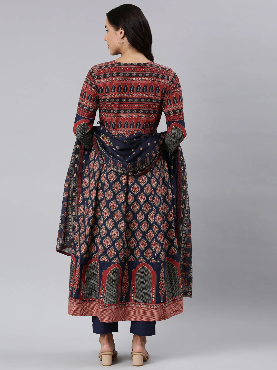 Neerus Navy Blue Panelled Printed Kurta And Trousers With Dupatta - Image 4