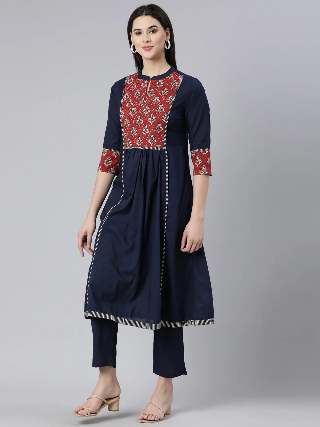 Neerus Navy Blue Panelled Straight Printed Kurta And Trousers - Image 2