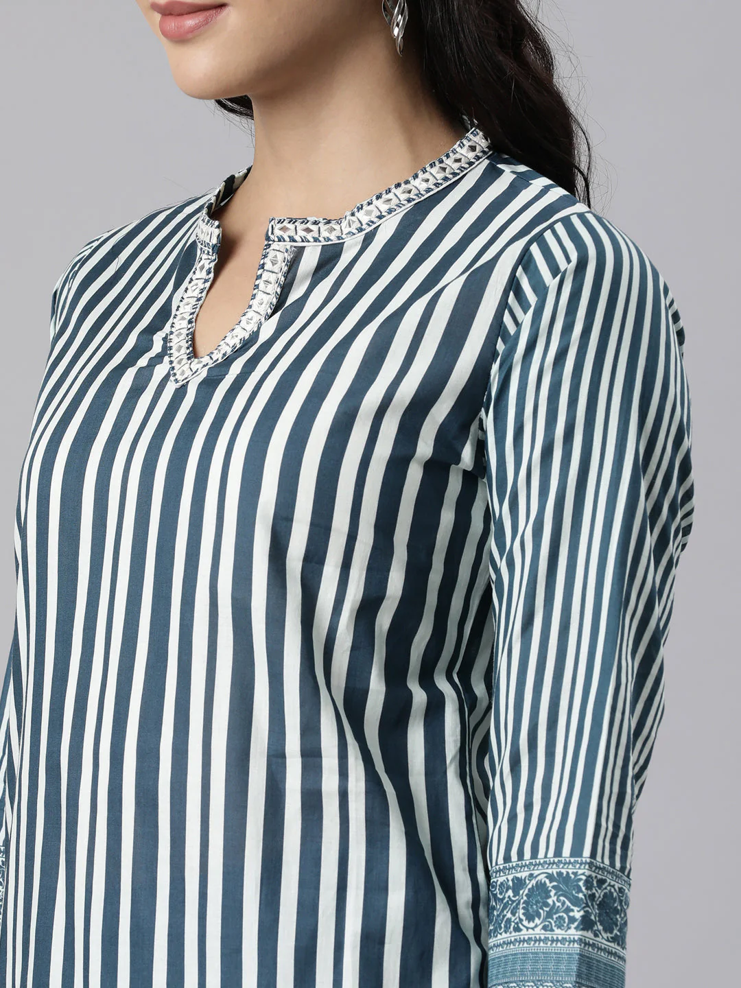 Neerus Navy Blue Panelled Straight Printed Kurta And Trousers With Dupatta - Image 5