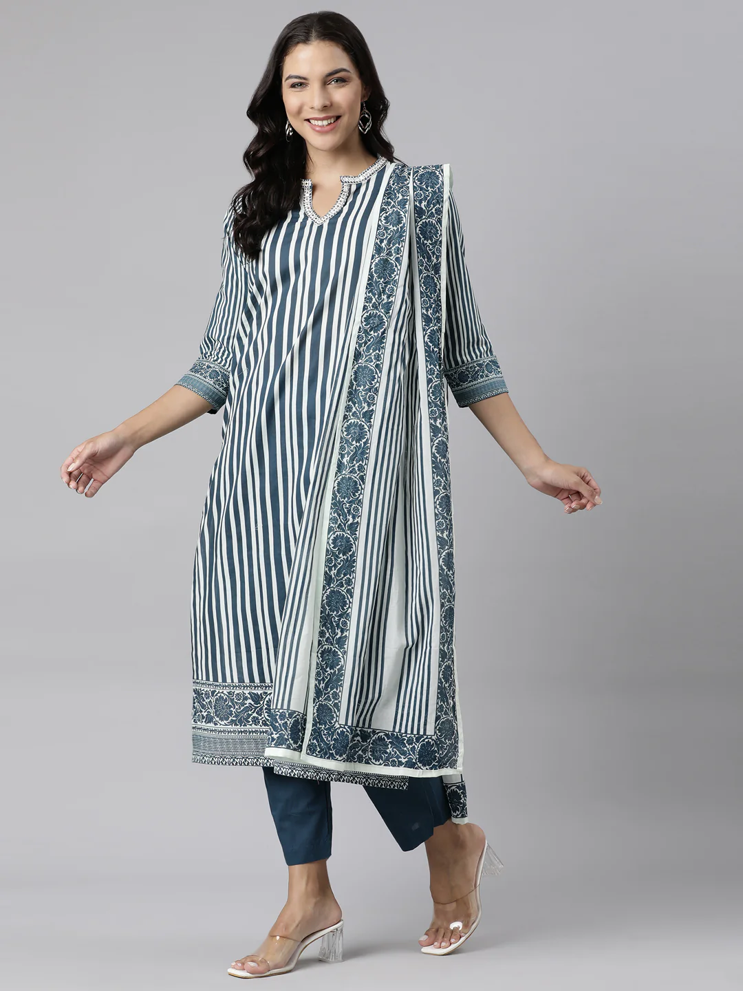 Neerus Navy Blue Panelled Straight Printed Kurta And Trousers With Dupatta - Image 6