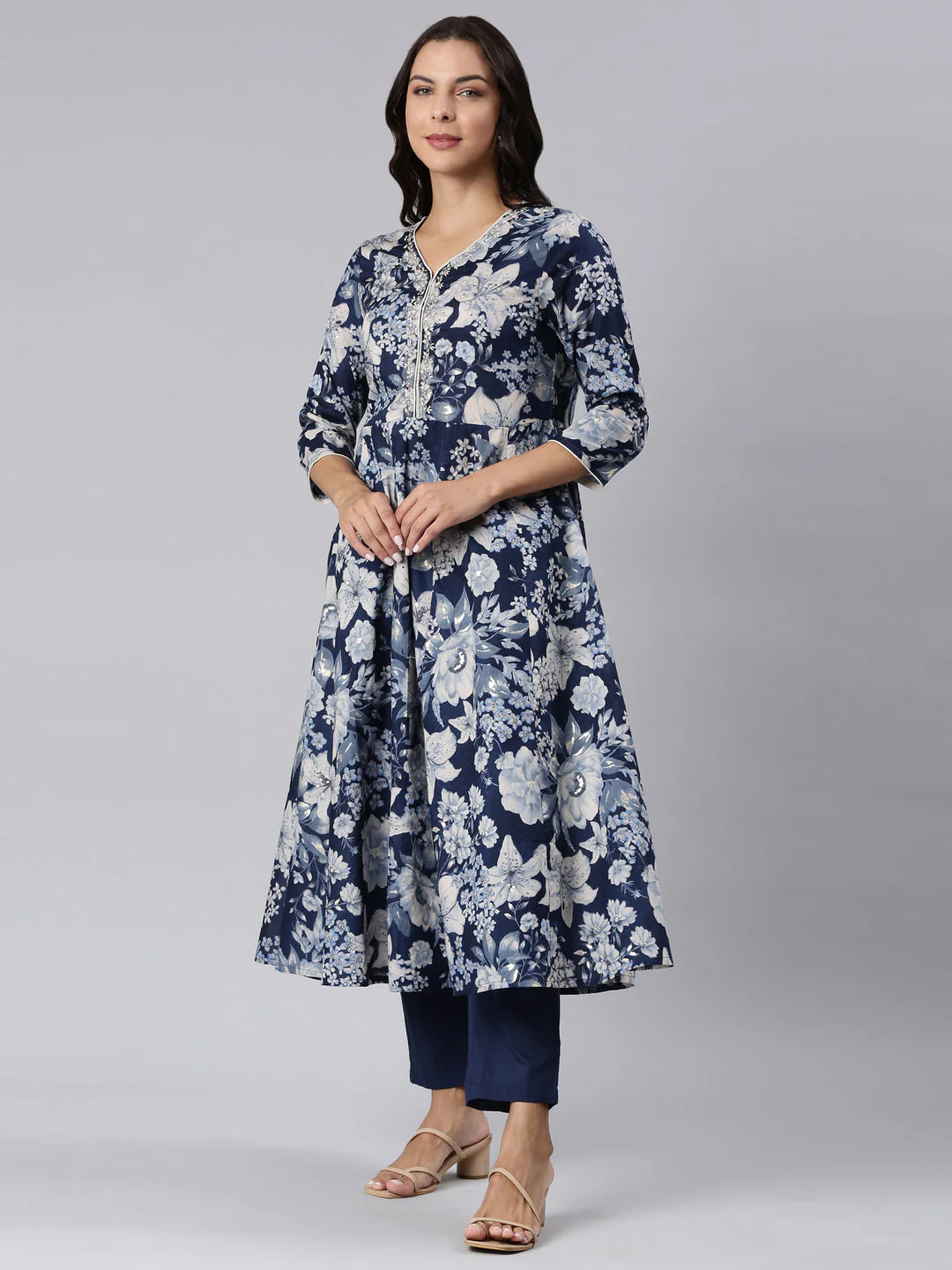 Neerus Navy Blue Panelled Printed Kurta And Trousers With Dupatta - Image 2