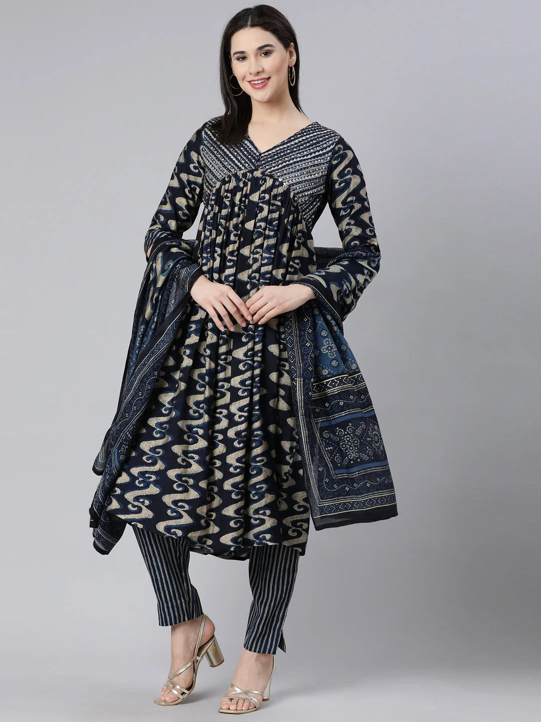 Neerus Navy Blue Panelled Printed Kurta And Trousers With Dupatta - Image 6