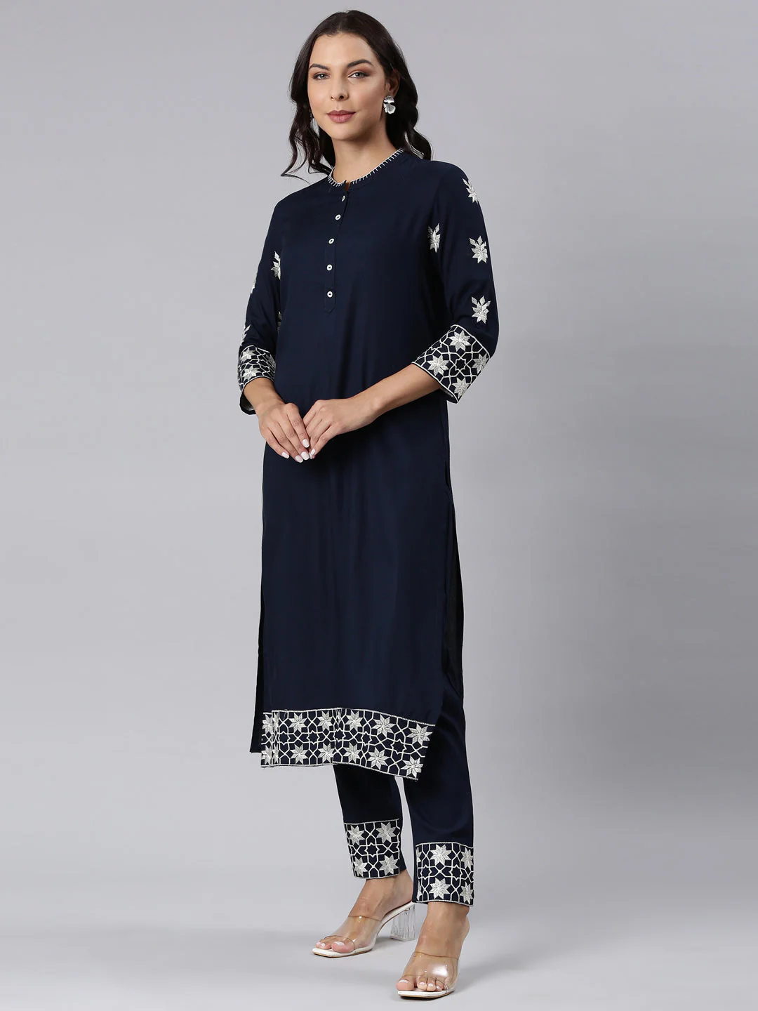 Neerus Navy Blue Panelled Straight Yoke Design Kurta And Trousers - Image 2
