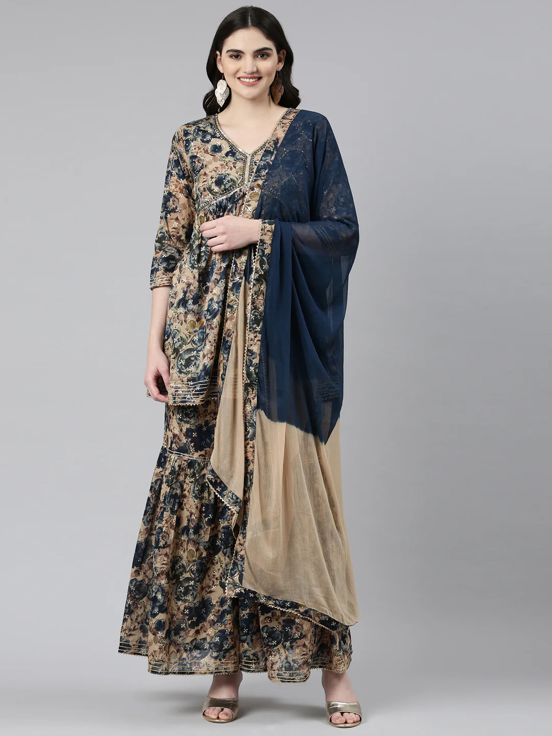 Neerus Navy Blue Pleated Anarkali Printed Kurta And Sharara With Dupatta