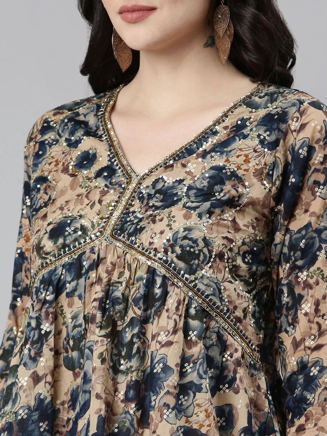 Neerus Navy Blue Pleated Anarkali Printed Kurta And Sharara With Dupatta - Image 4