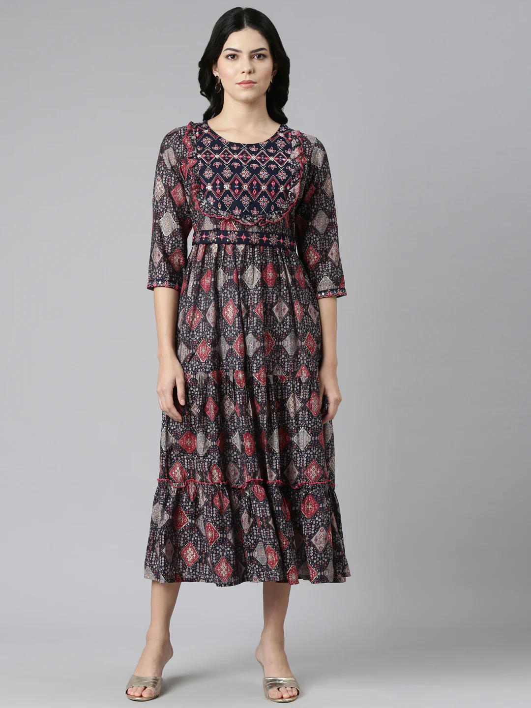 Neerus Navy Blue Pleated Anarkali Printed Kurta