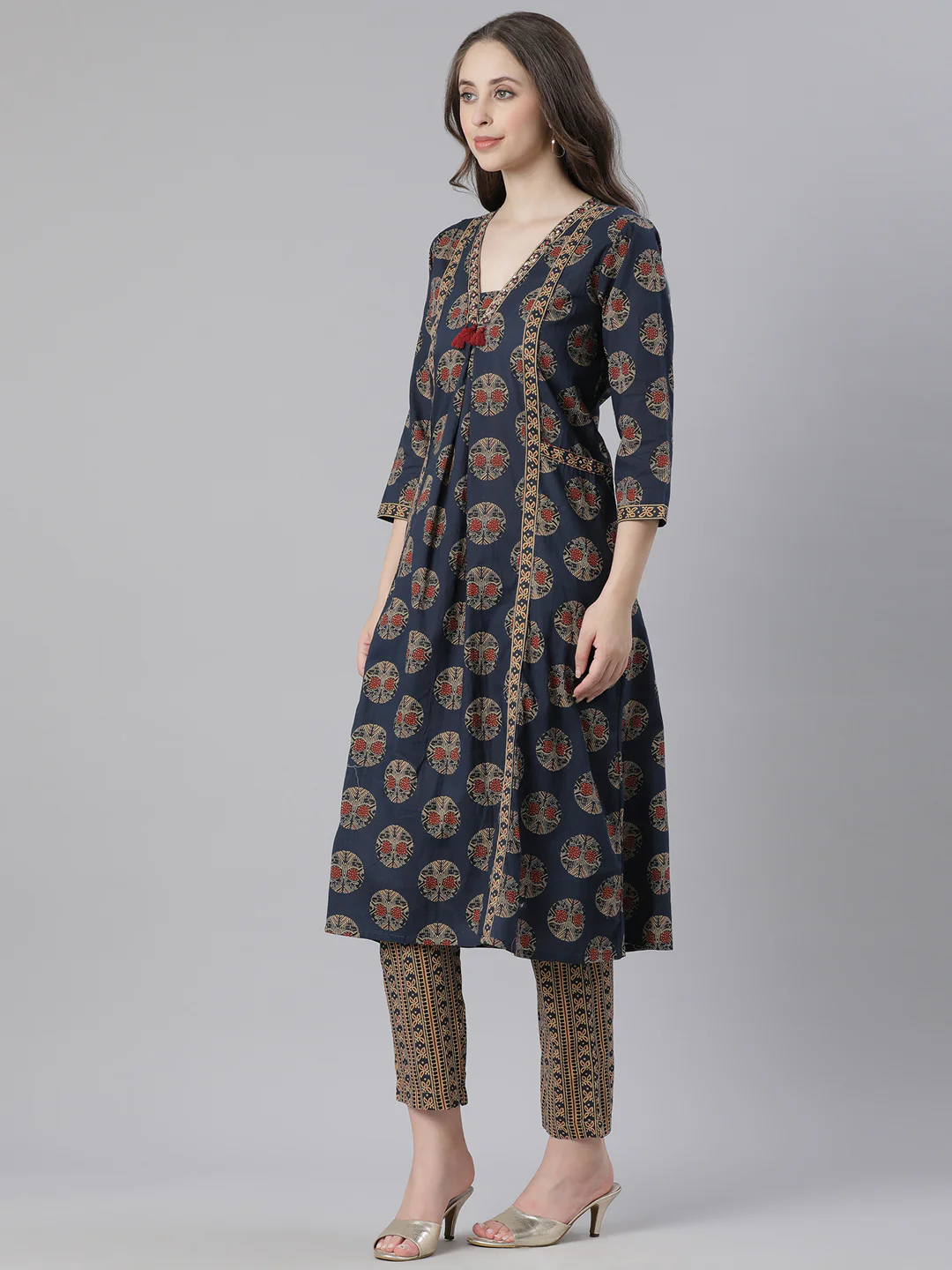Neerus Navy Blue Printed Anarkali Kurta and Trousers With Dupatta - Image 2