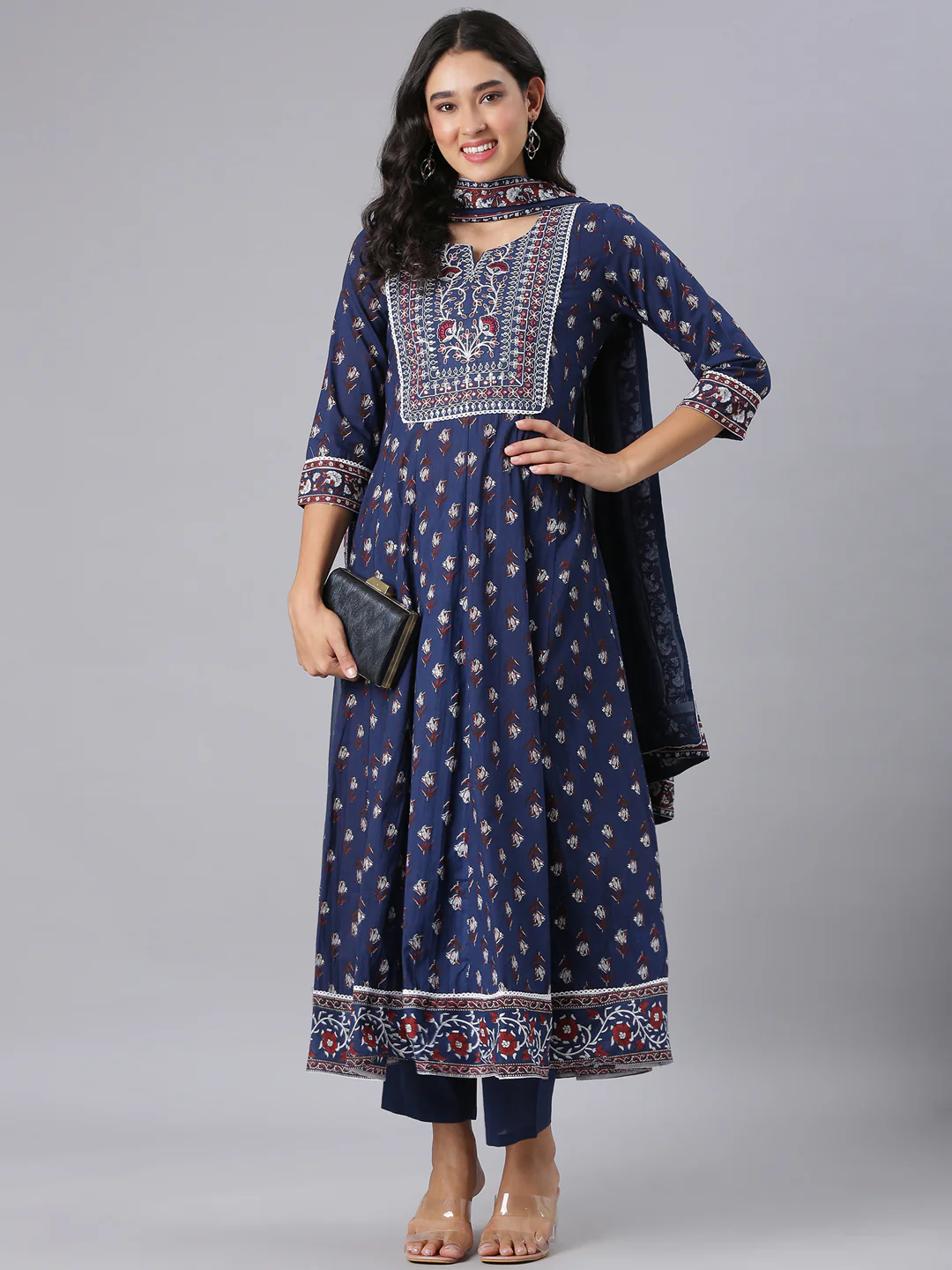 Neerus Navy Blue Printed Anarkali Kurta And Trousers With Dupatta - Image 5