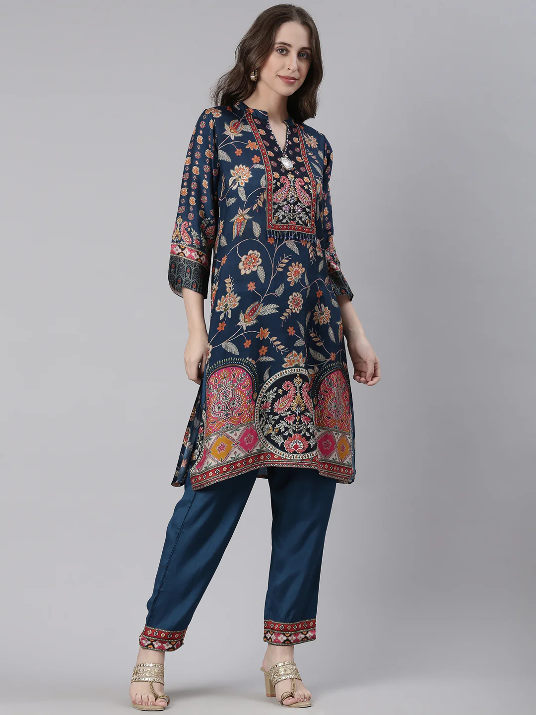 Neerus Navy Blue Printed Straight Kurta and Trousers - Image 2