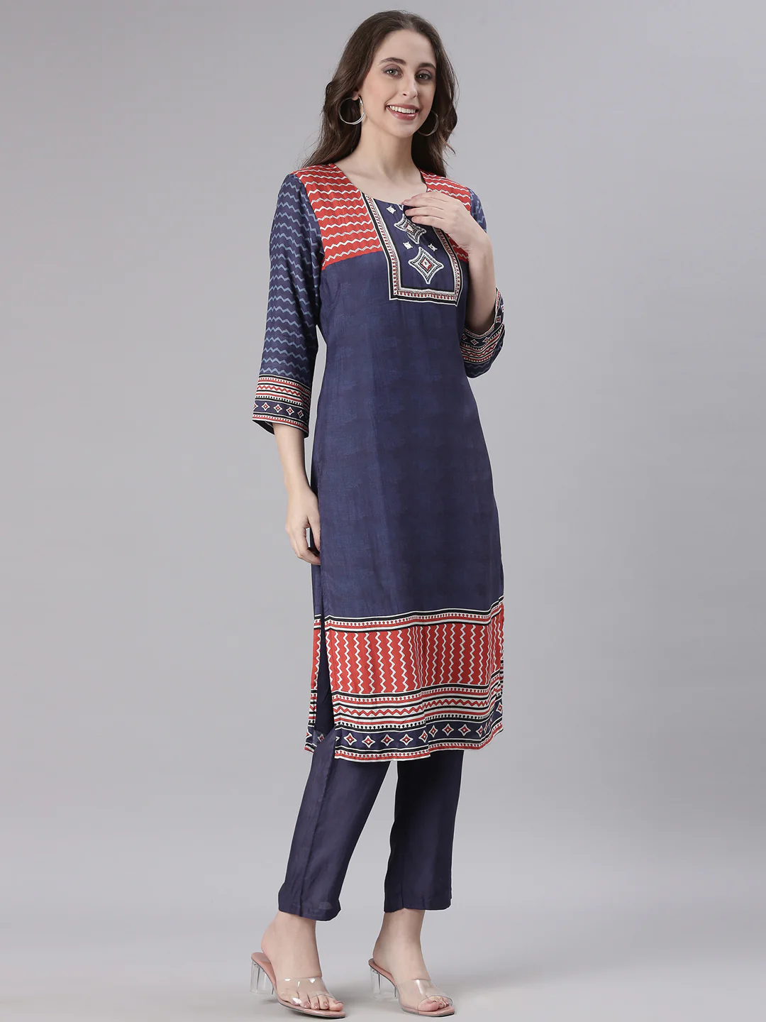 Neerus Navy Blue Printed Straight Kurta and Trousers With Dupatta - Image 2