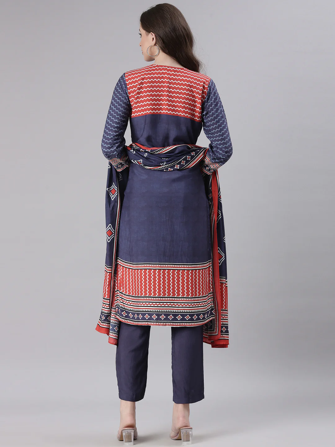 Neerus Navy Blue Printed Straight Kurta and Trousers With Dupatta - Image 3