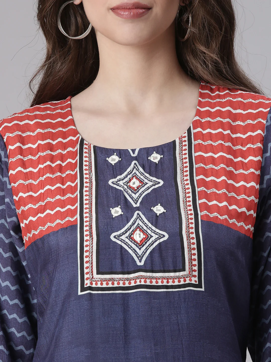 Neerus Navy Blue Printed Straight Kurta and Trousers With Dupatta - Image 4