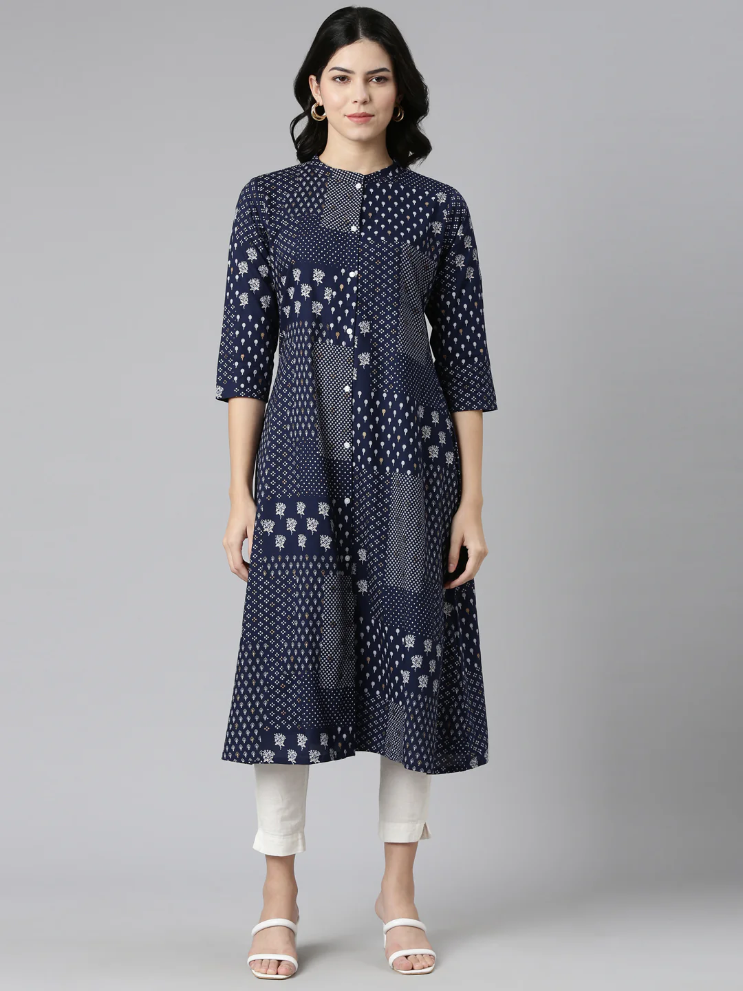 Neerus Navy Blue Regular A-Line Printed Kurta