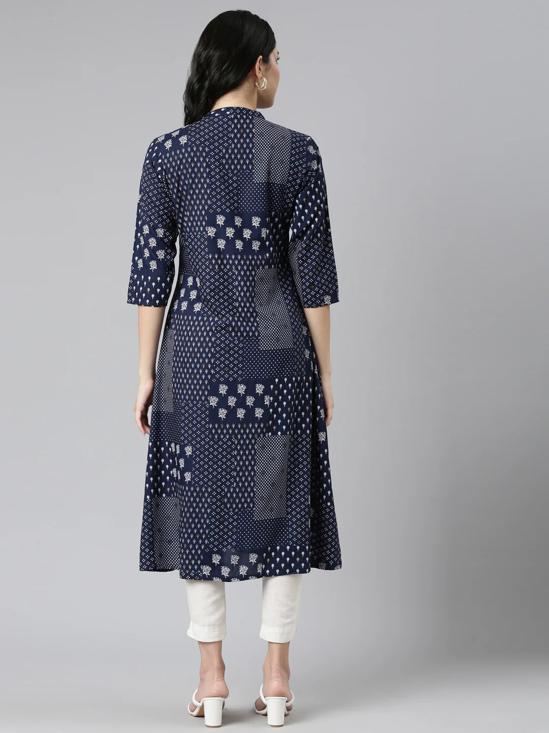 Neerus Navy Blue Regular A-Line Printed Kurta - Image 3