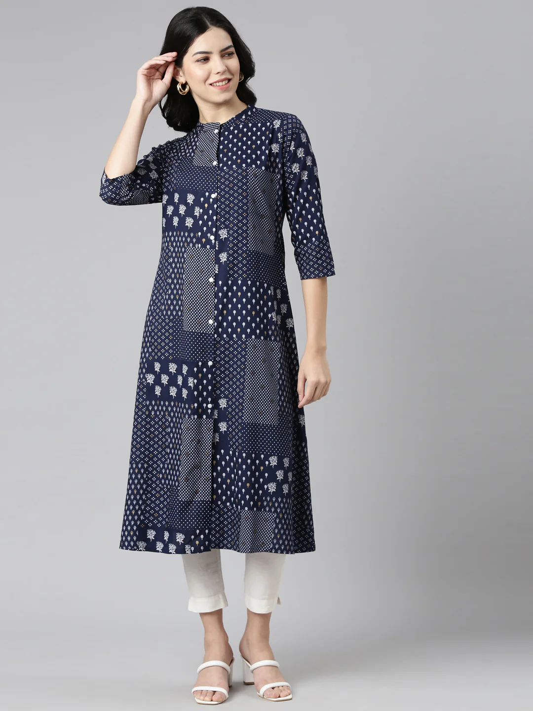 Neerus Navy Blue Regular A-Line Printed Kurta - Image 5