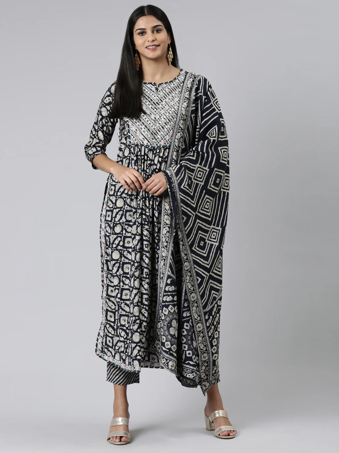 Neerus Navy Blue Regular Calf Length Printed Kurta Printed Trousers With Dupatta