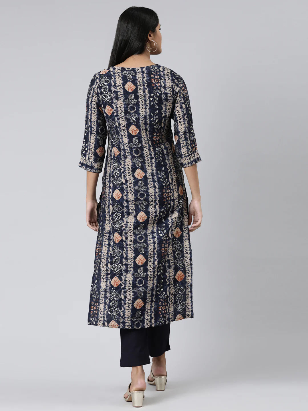 Neerus Navy Blue Regular Calf Length Printed Kurta Solid Trousers - Image 3