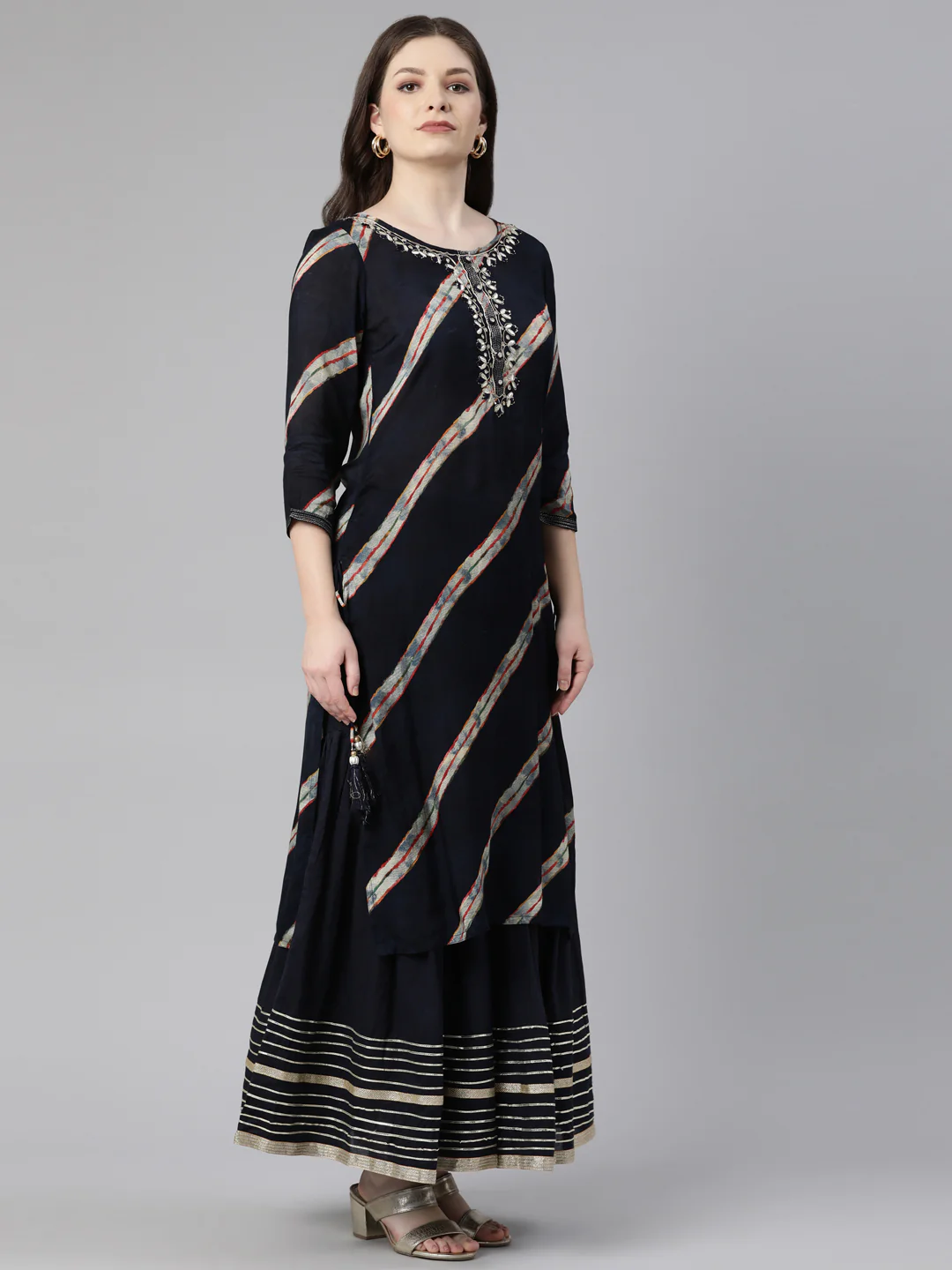 Neerus Navy Blue Regular Calf Length Solid Kurta Solid Sharara With Dupatta - Image 2