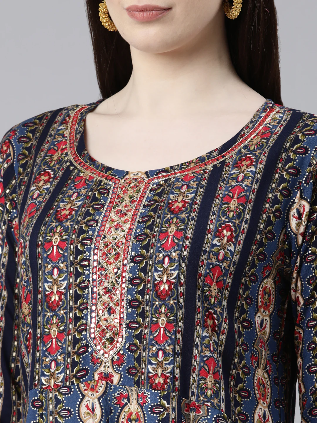 Neerus Navy Blue Regular Knee Length Printed Readymade suits - Image 4
