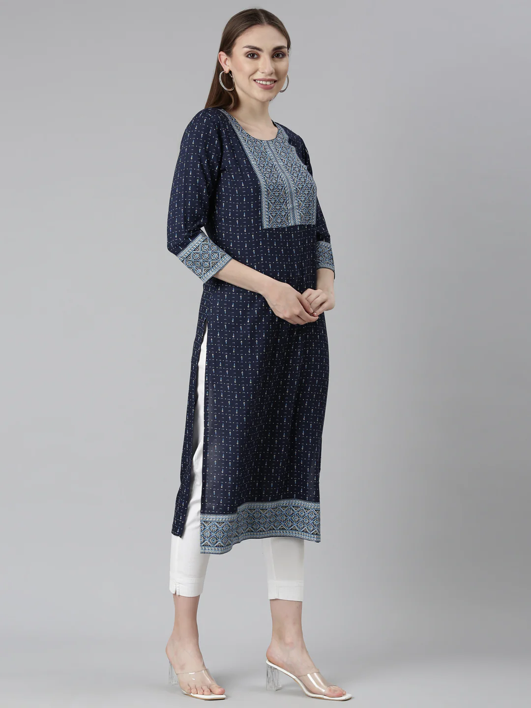 Neerus Navy Blue Regular Straight Bandhani Kurta - Image 2