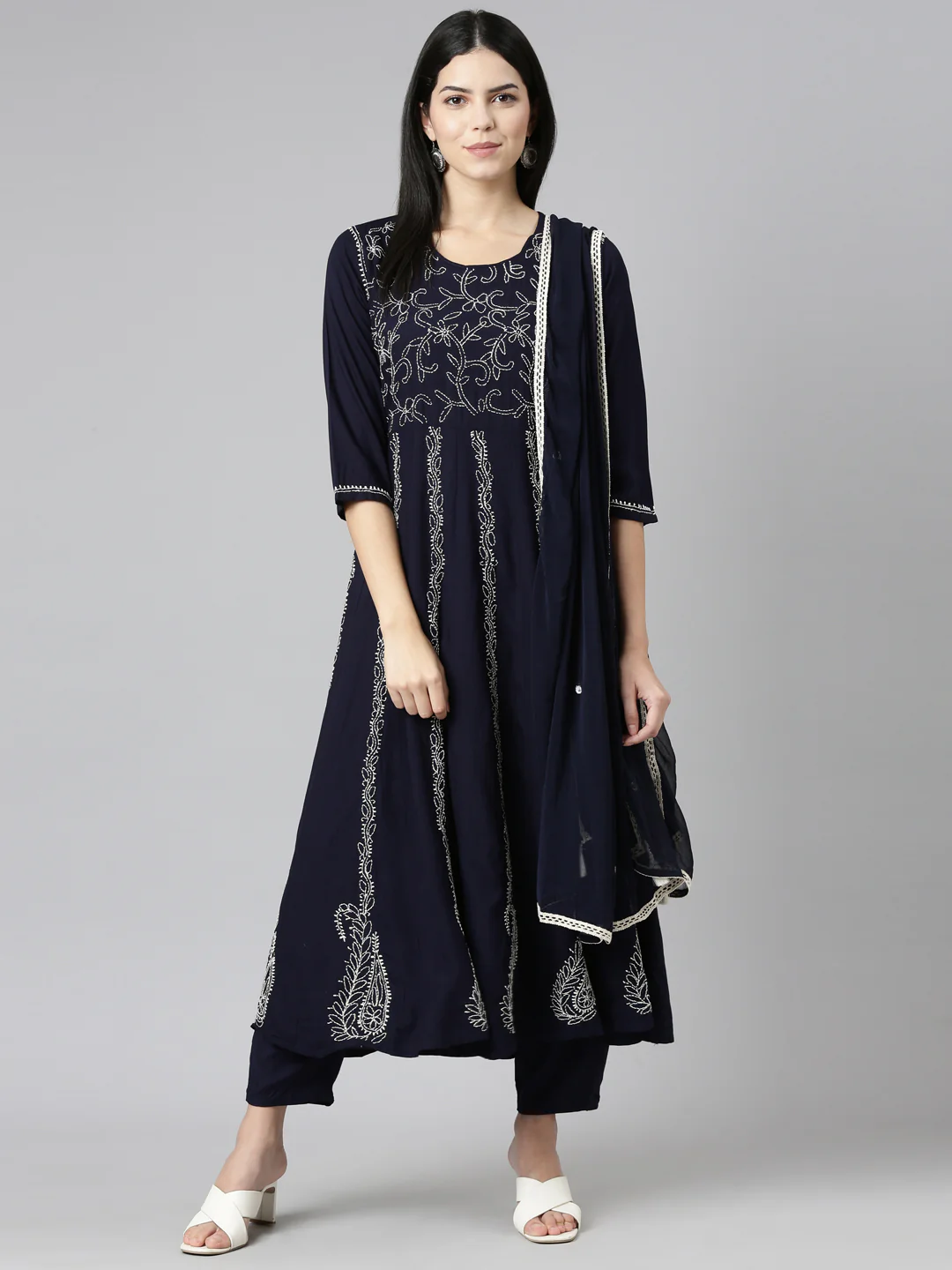 Neerus Navy Blue Regular Straight Embroidered Readymade suits - Image 5