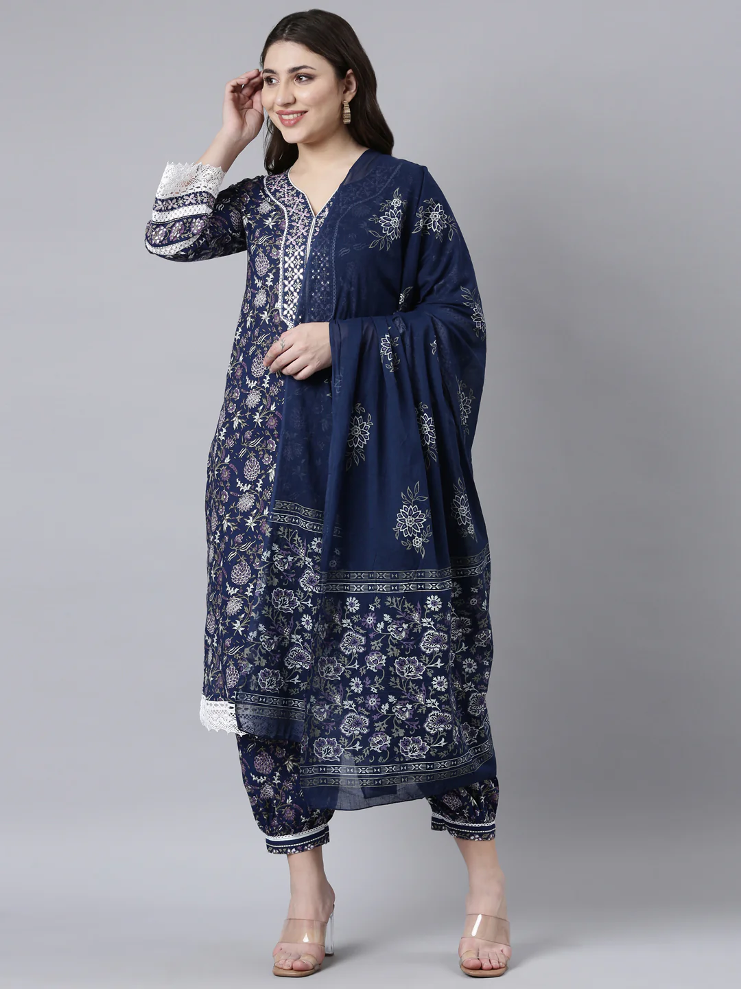 Neerus Navy Blue Regular Straight Floral Kurta And Salwar With Dupatta - Image 2