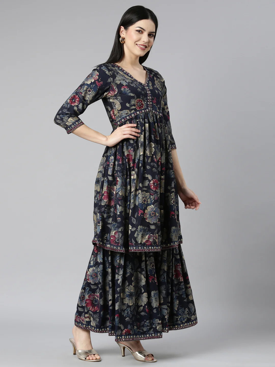 Neerus Navy Blue Regular Straight Floral Kurta And Sharara With Dupatta - Image 2